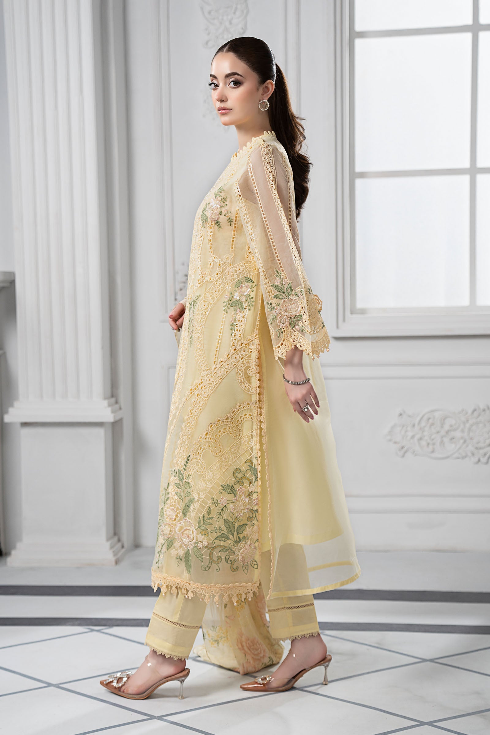 Pakistani Yellow Embroidered Organza Straight-Cut Suit (3-Piece) - Image 4