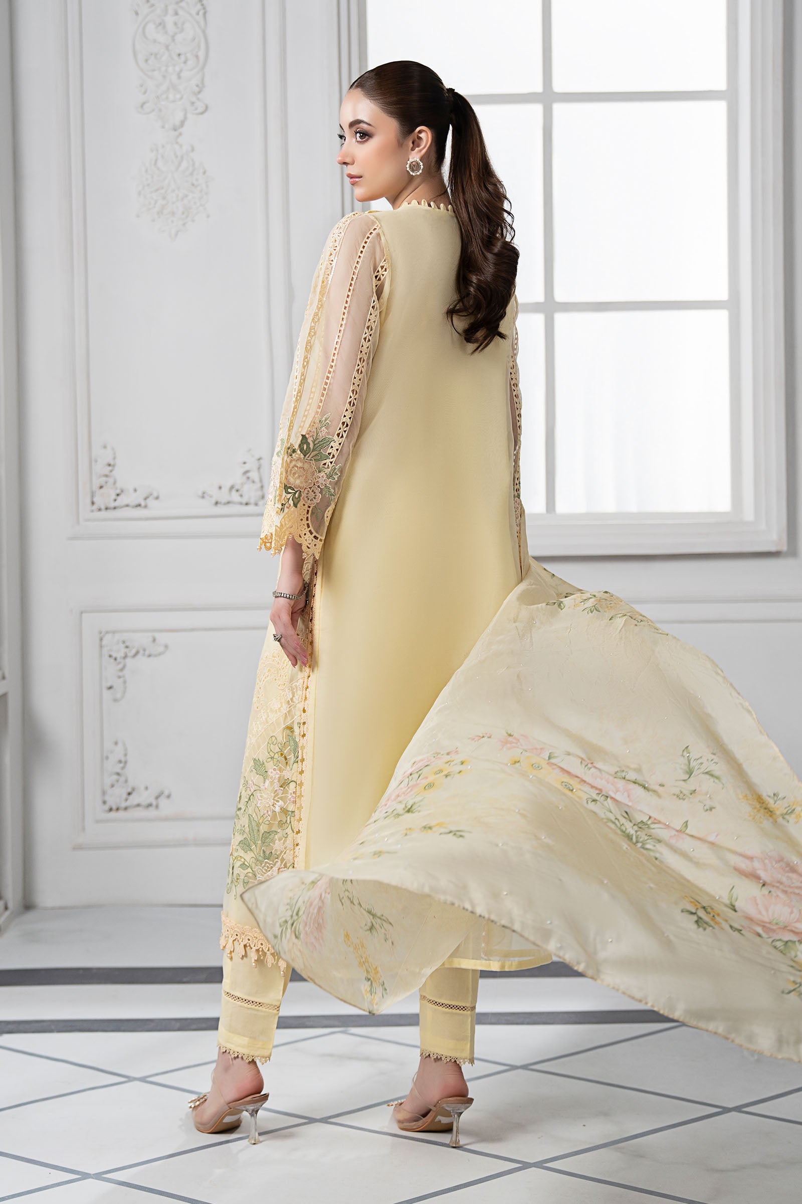Pakistani Yellow Embroidered Organza Straight-Cut Suit (3-Piece) - Image 5