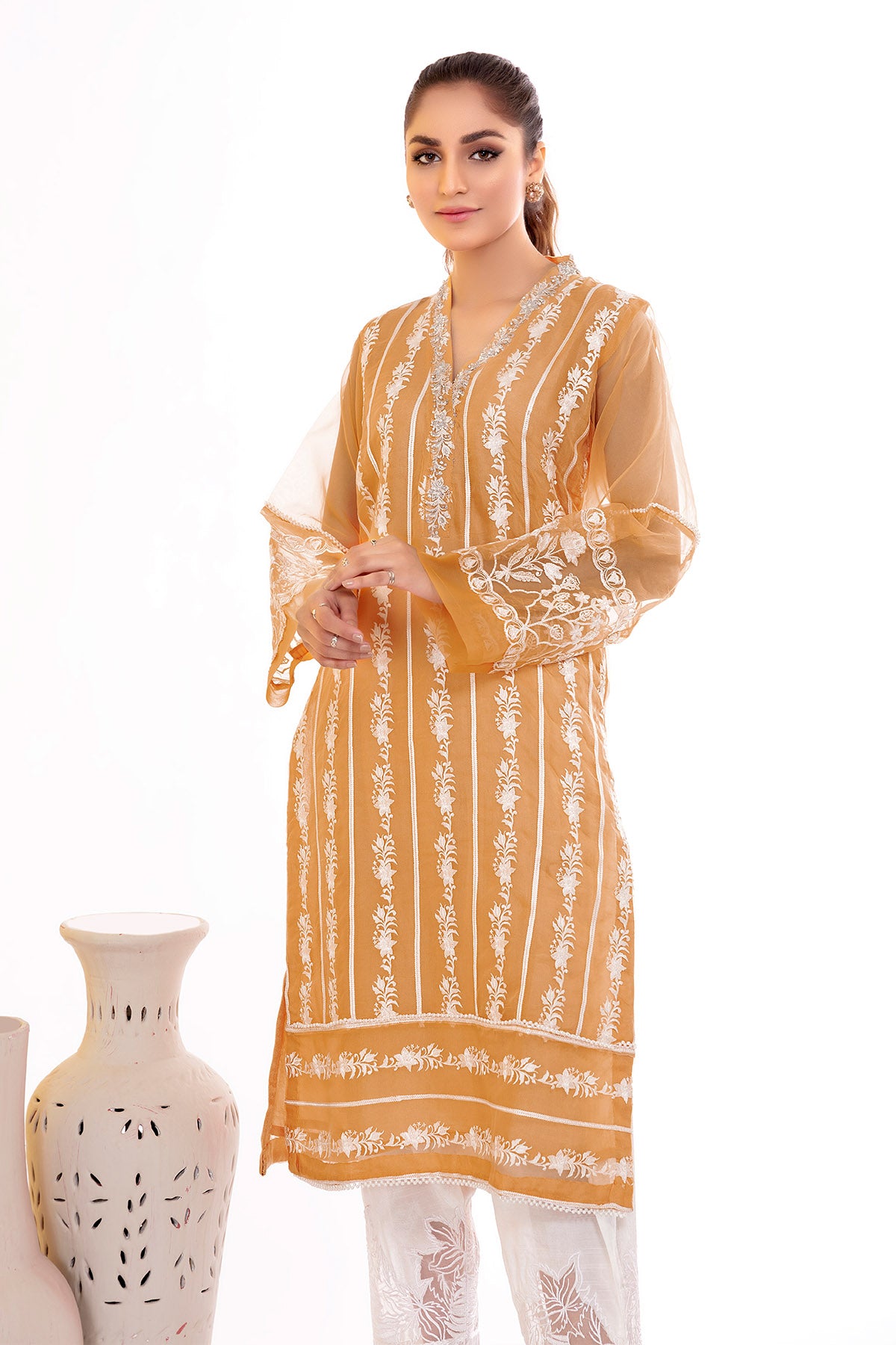 Mustard Hand-Embellished Organza Long Shirt (2-Piece) - Image 3