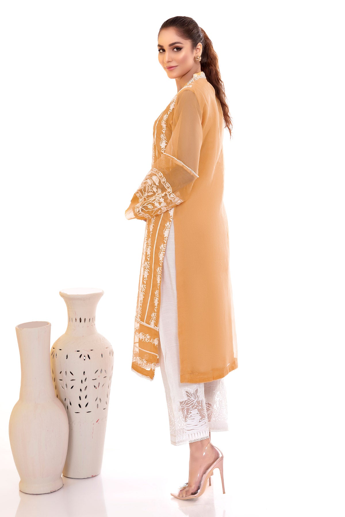 Mustard Hand-Embellished Organza Long Shirt (2-Piece) - Image 4