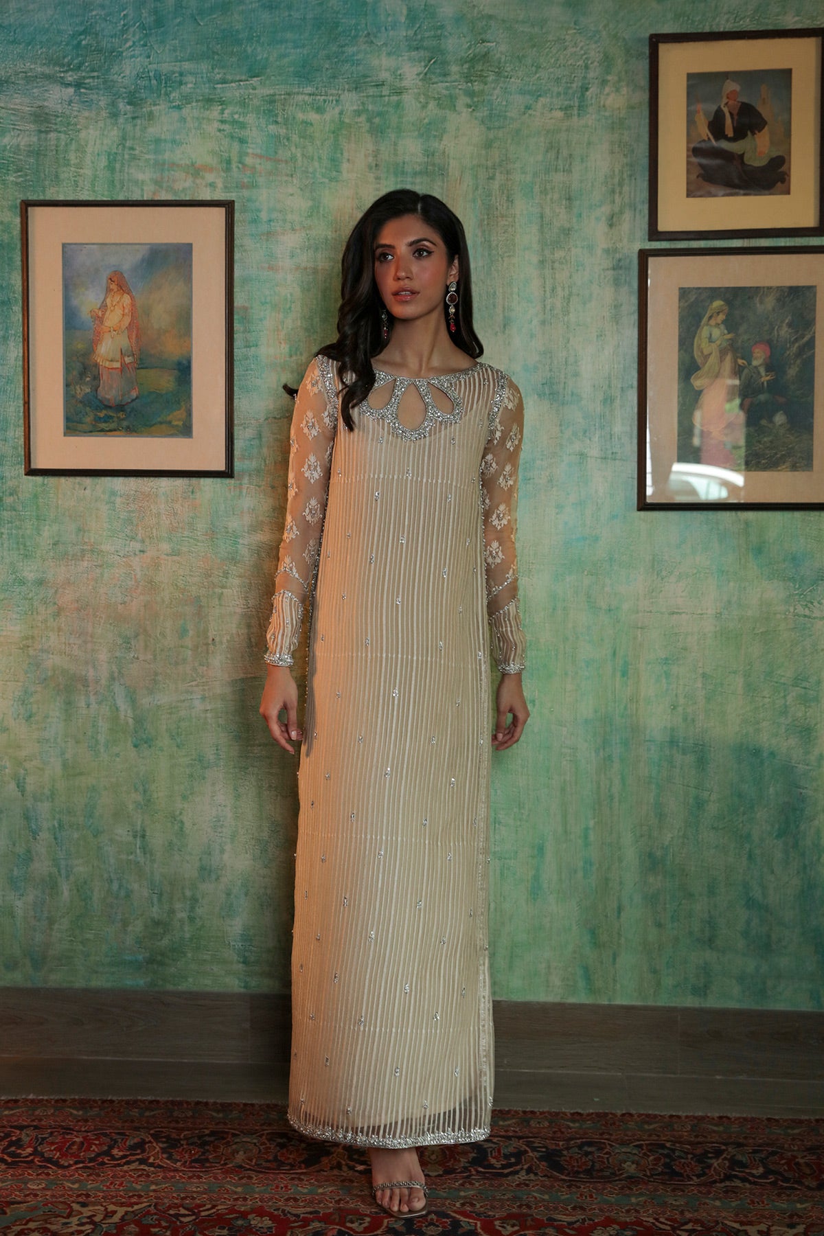 Pakistani Lime Yellow Embroidered Organza Salwar Kameez (2-Piece) - Image 1