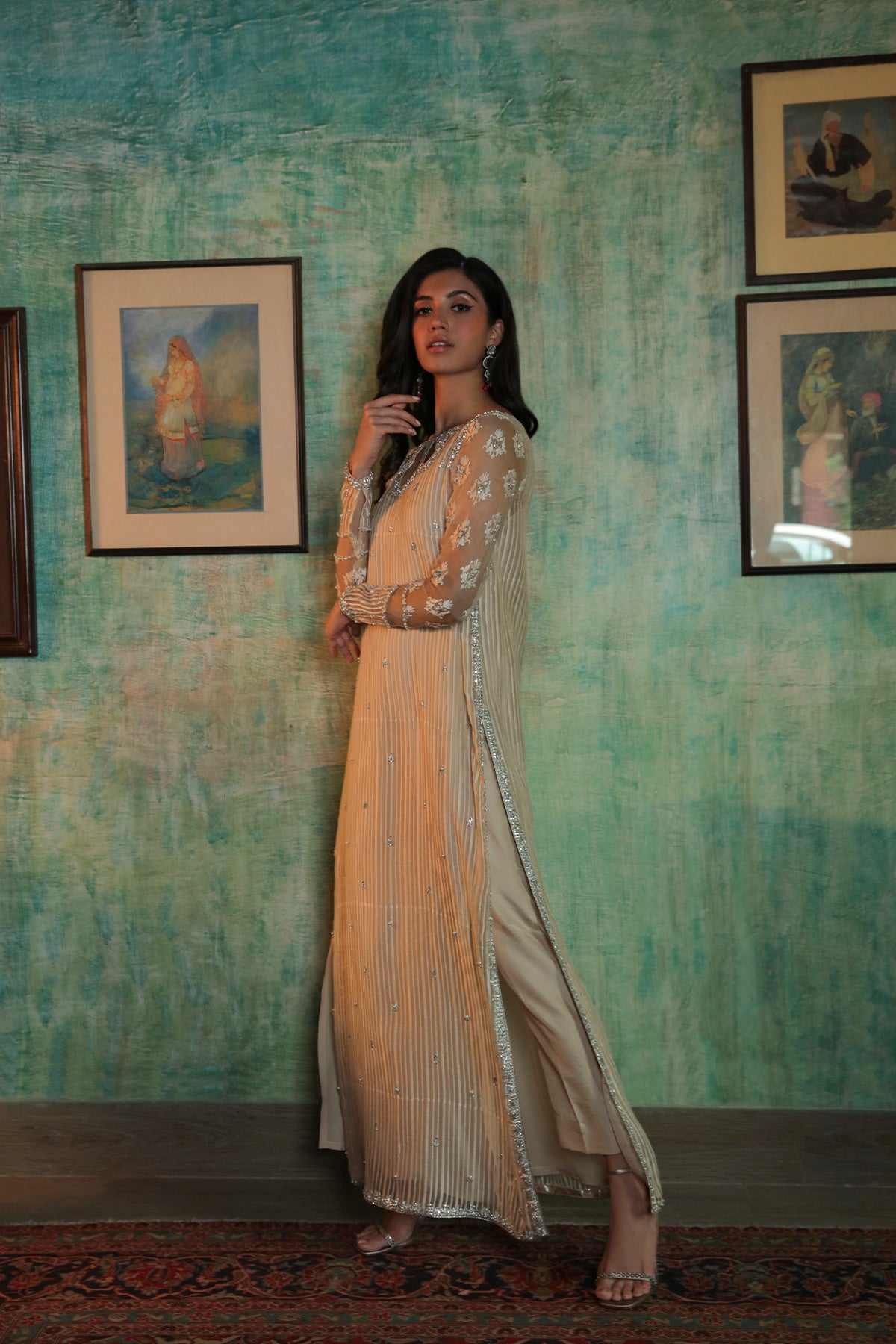 Pakistani Lime Yellow Embroidered Organza Salwar Kameez (2-Piece) - Image 2