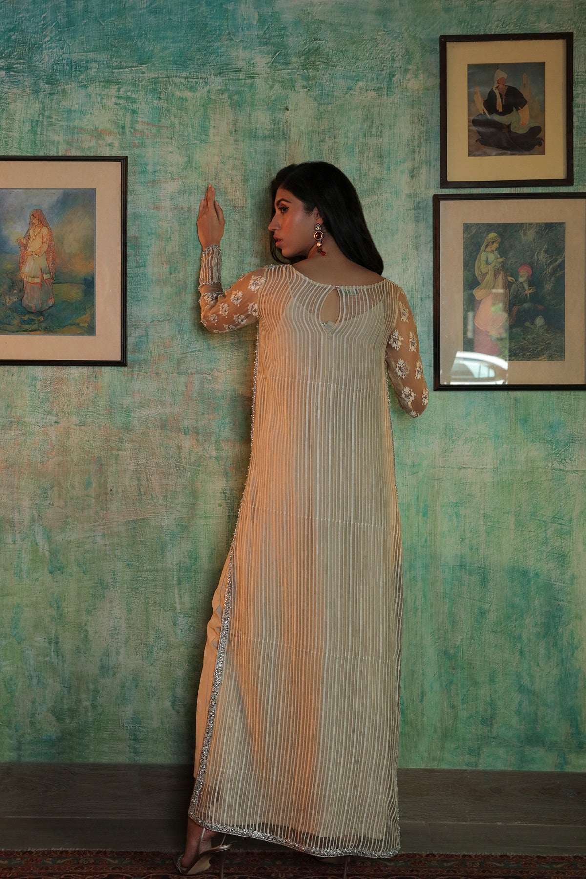 Pakistani Lime Yellow Embroidered Organza Salwar Kameez (2-Piece) - Image 3