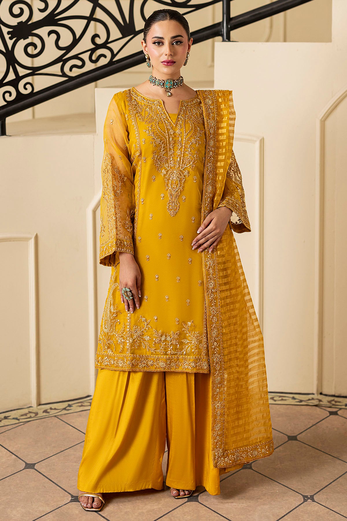 Pakistani Mustard Embroidered Organza Salwar Kameez (3-Piece) - Image 1