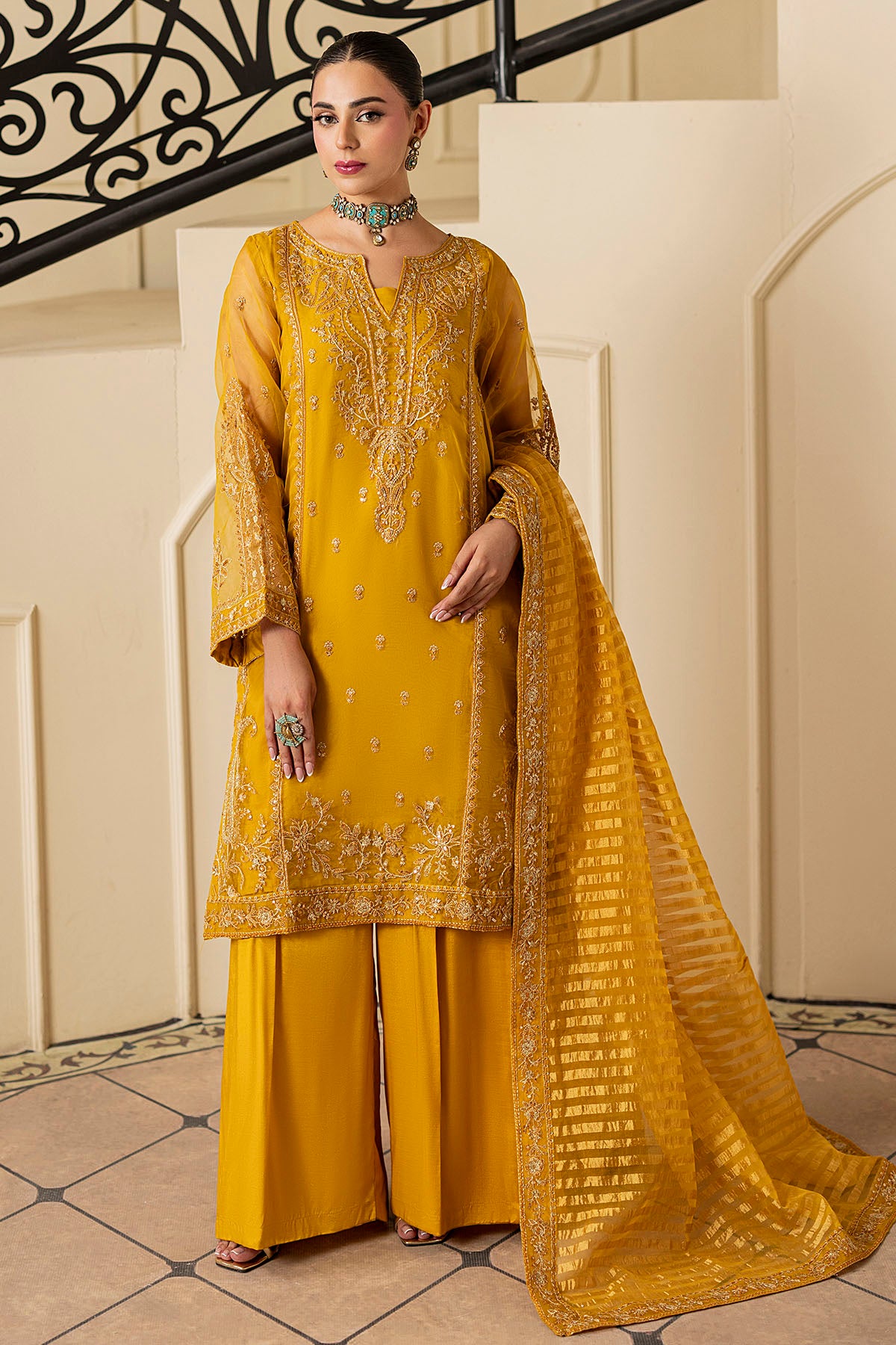 Pakistani Mustard Embroidered Organza Salwar Kameez (3-Piece) - Image 2