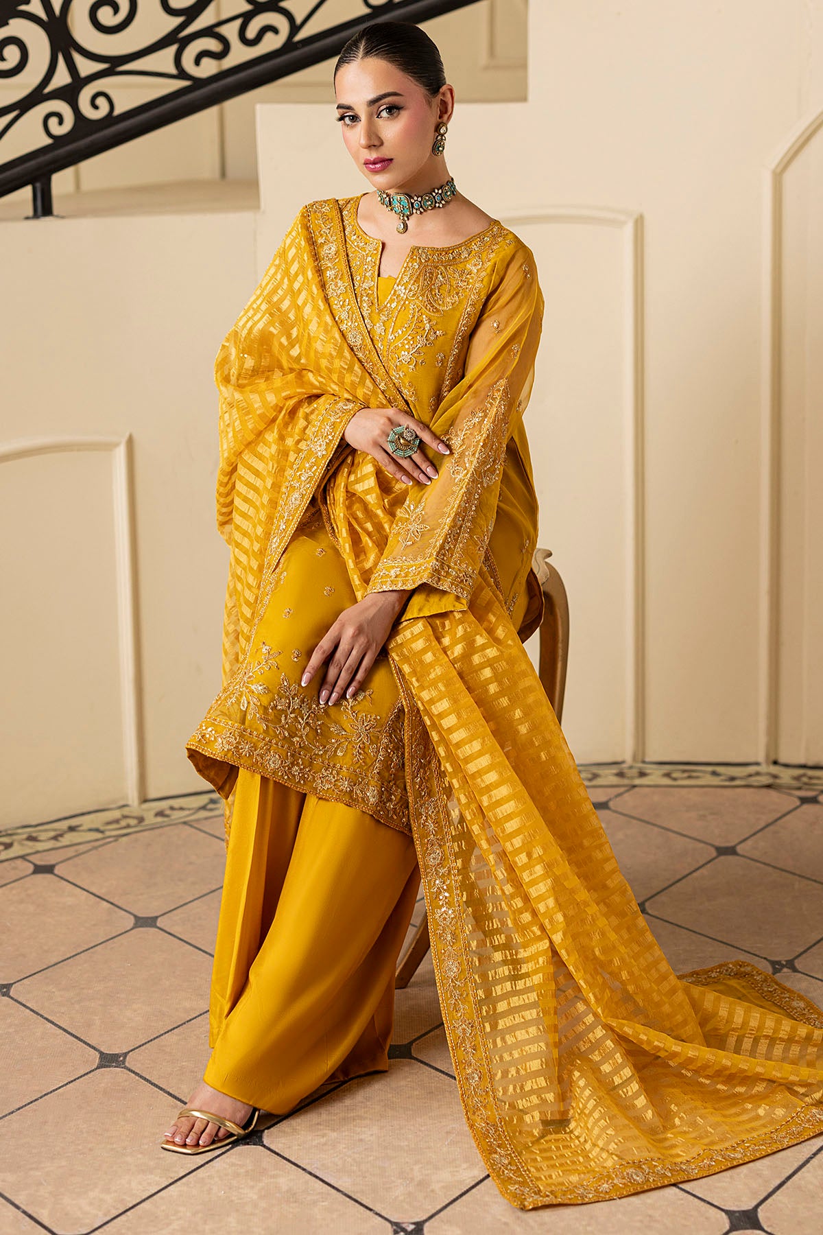 Pakistani Mustard Embroidered Organza Salwar Kameez (3-Piece) - Image 3