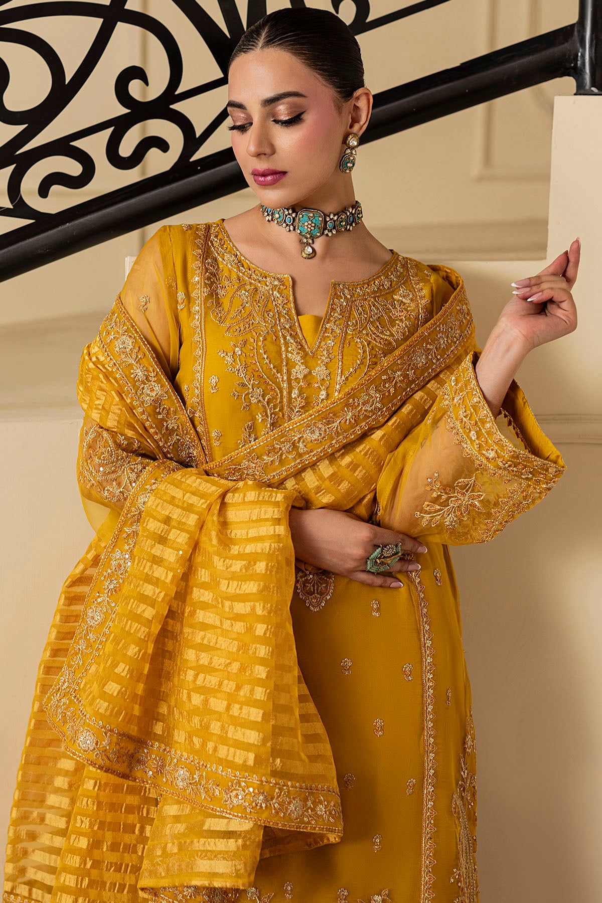 Pakistani Mustard Embroidered Organza Salwar Kameez (3-Piece) - Image 4