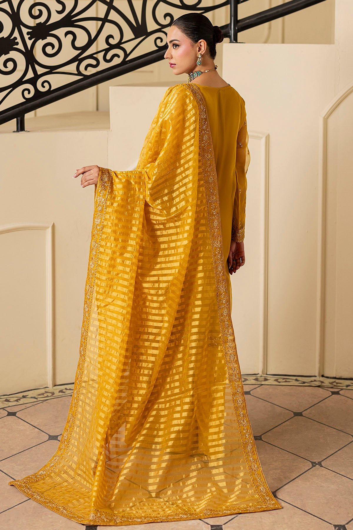 Pakistani Mustard Embroidered Organza Salwar Kameez (3-Piece) - Image 5