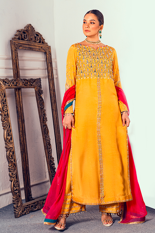 Pakistani Yellow Hand Embroidered PK Raw Silk Salwar Kameez (3-Piece) - Image 2