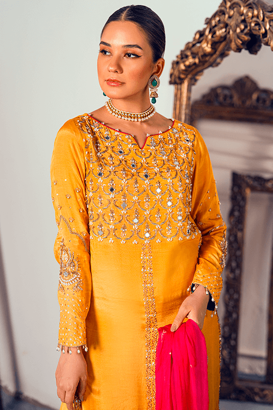 Pakistani Yellow Hand Embroidered PK Raw Silk Salwar Kameez (3-Piece) - Image 4