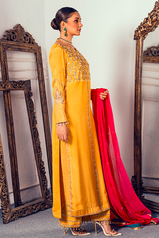 Pakistani Yellow Hand Embroidered PK Raw Silk Salwar Kameez (3-Piece) - Image 5