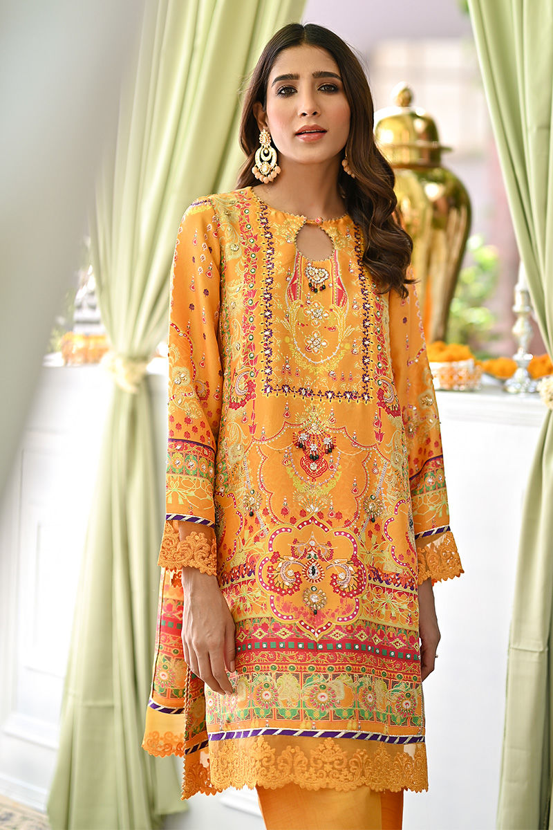 Mustard Digital Printed Pure Silk Kurta Set (3-Piece) - Image 1