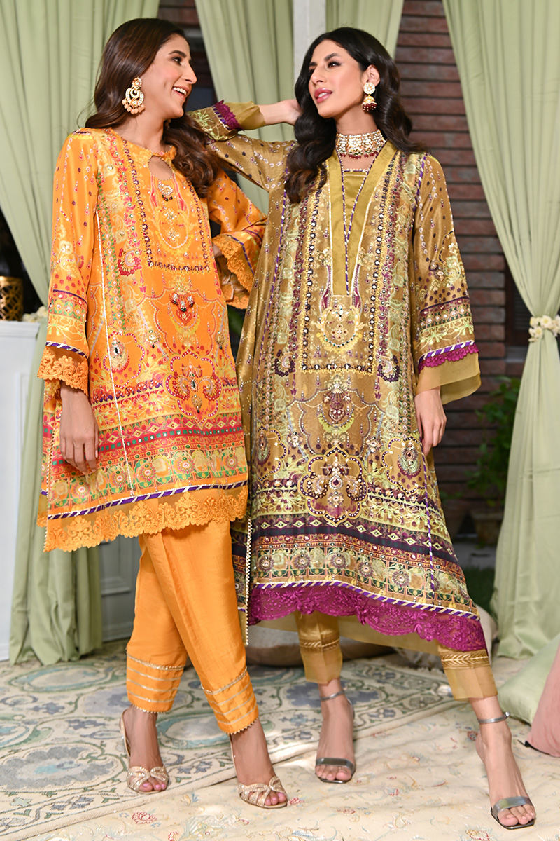 Mustard Digital Printed Pure Silk Kurta Set (3-Piece) - Image 3