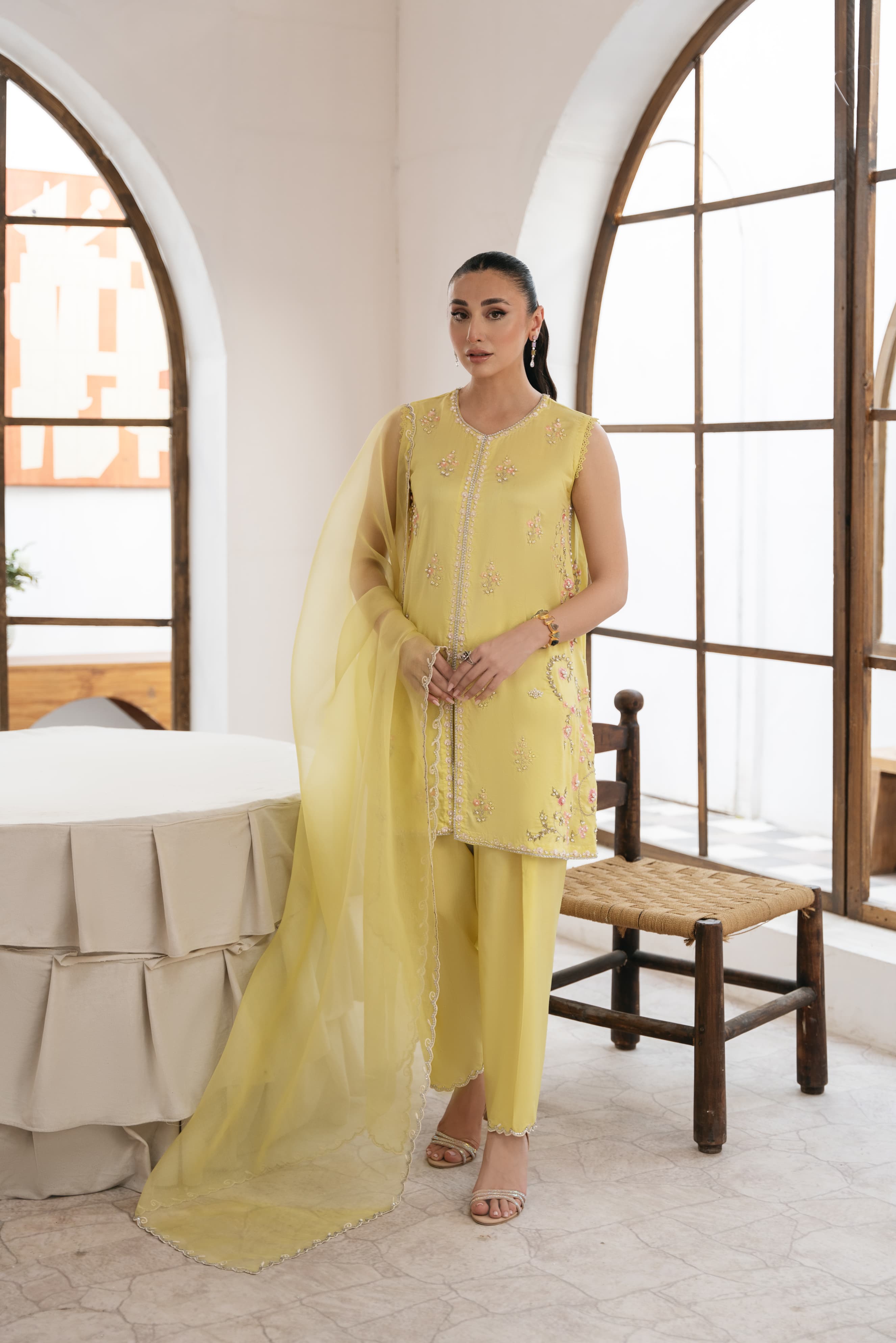 Pakistani Butter Yellow Ada Work Silk Salwar Kameez (3-Piece) - Image 1