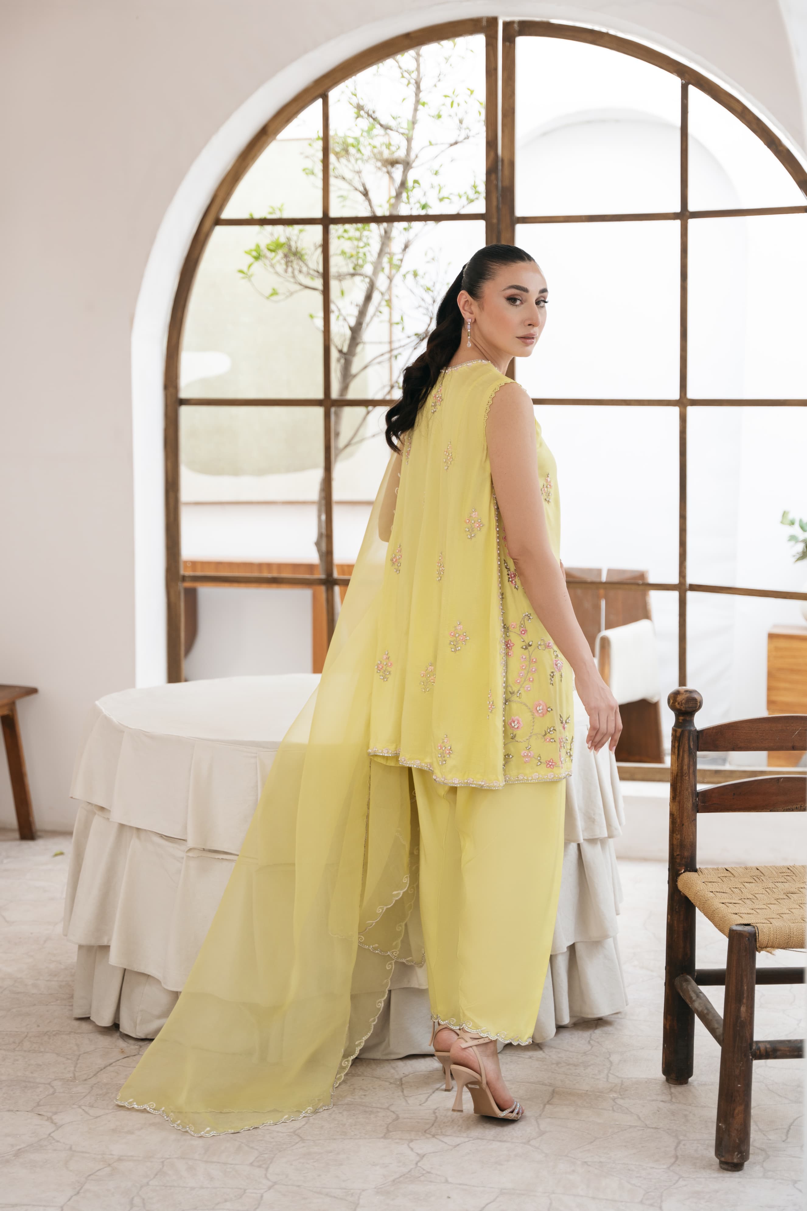 Pakistani Butter Yellow Ada Work Silk Salwar Kameez (3-Piece) - Image 2