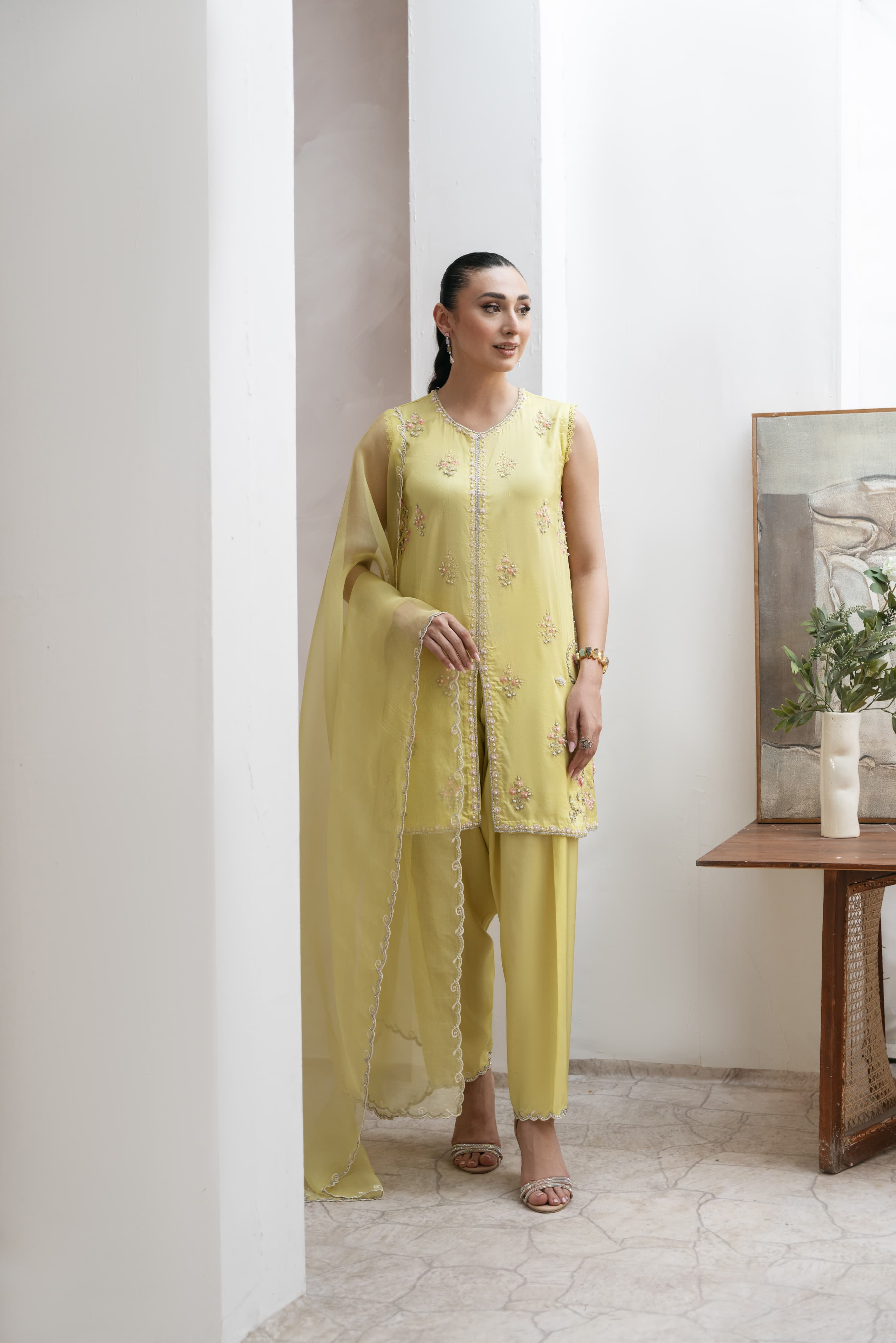 Pakistani Butter Yellow Ada Work Silk Salwar Kameez (3-Piece) - Image 3
