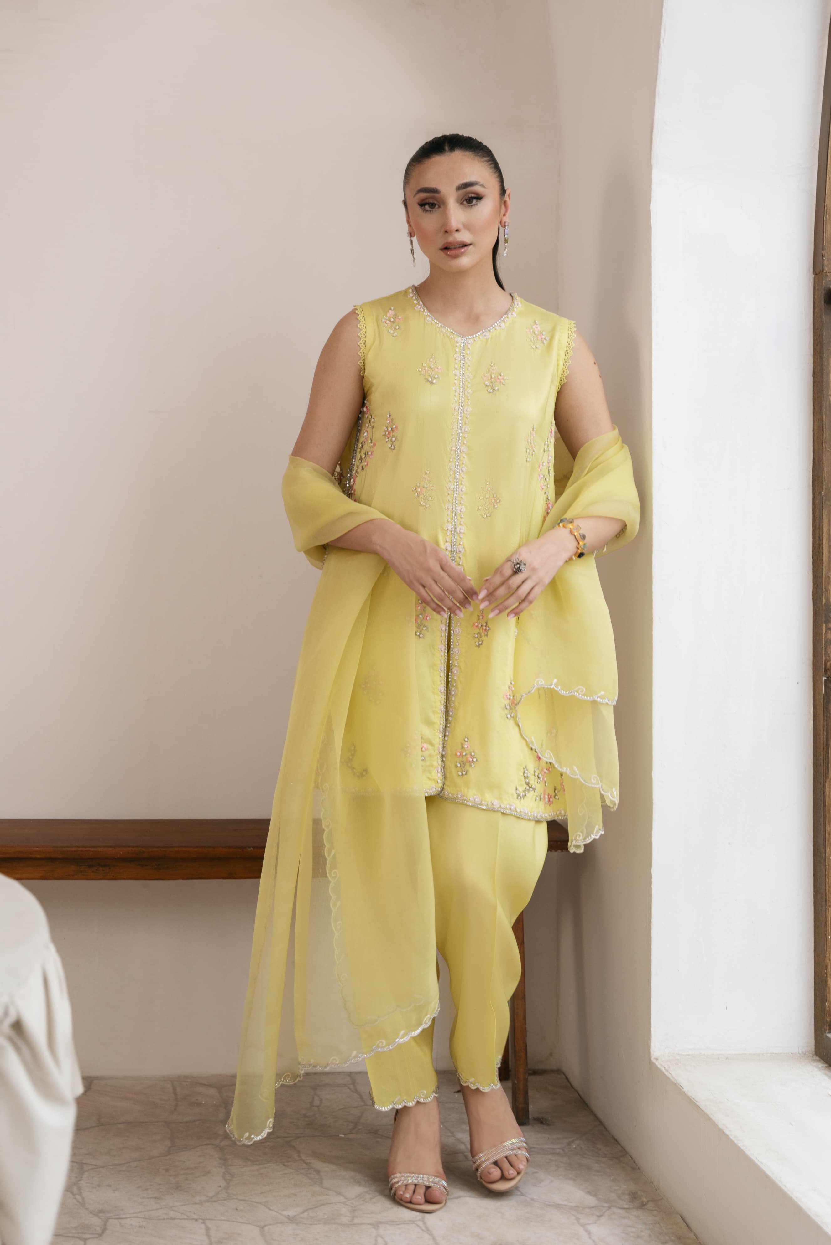 Pakistani Butter Yellow Ada Work Silk Salwar Kameez (3-Piece) - Image 4