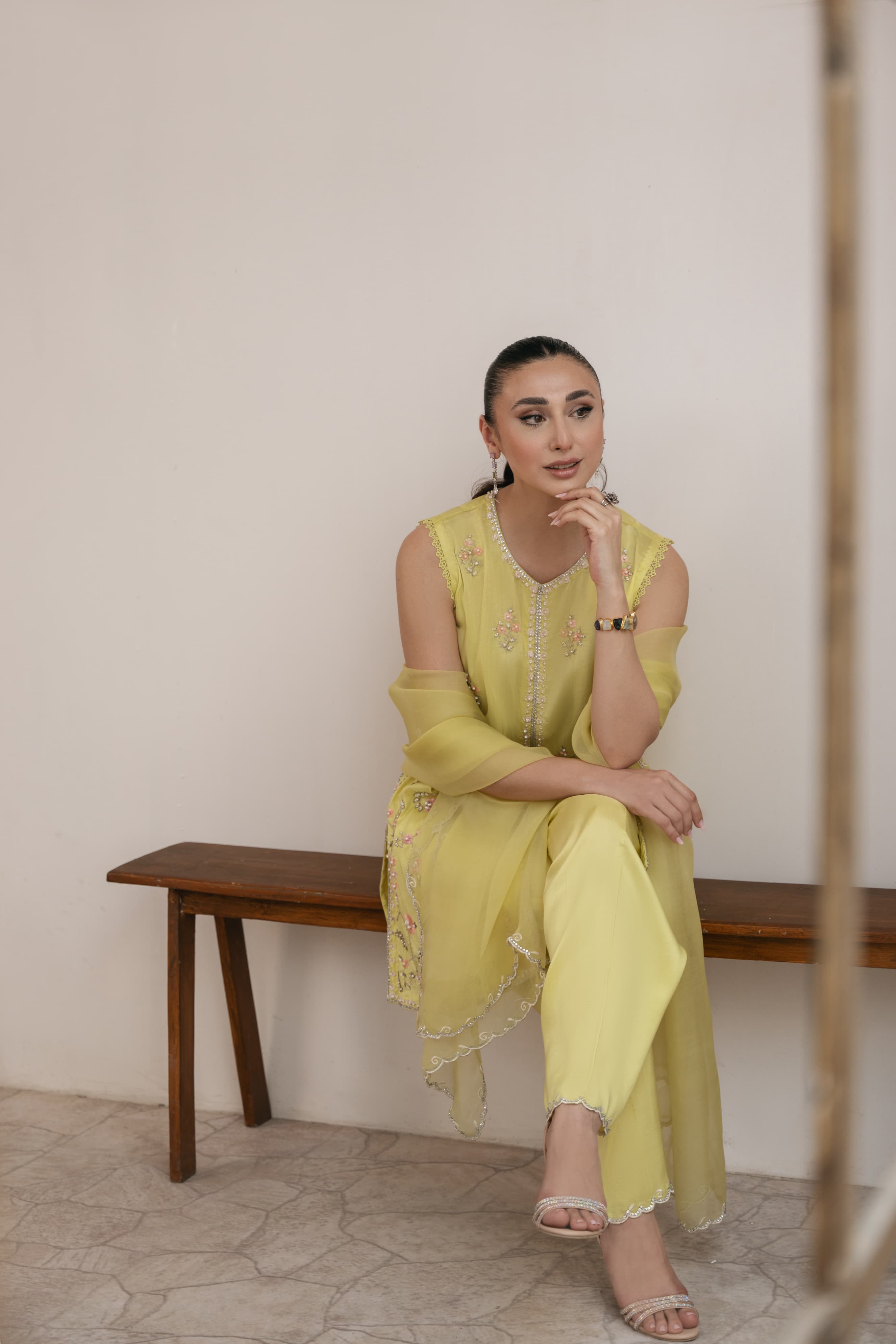 Pakistani Butter Yellow Ada Work Silk Salwar Kameez (3-Piece) - Image 6