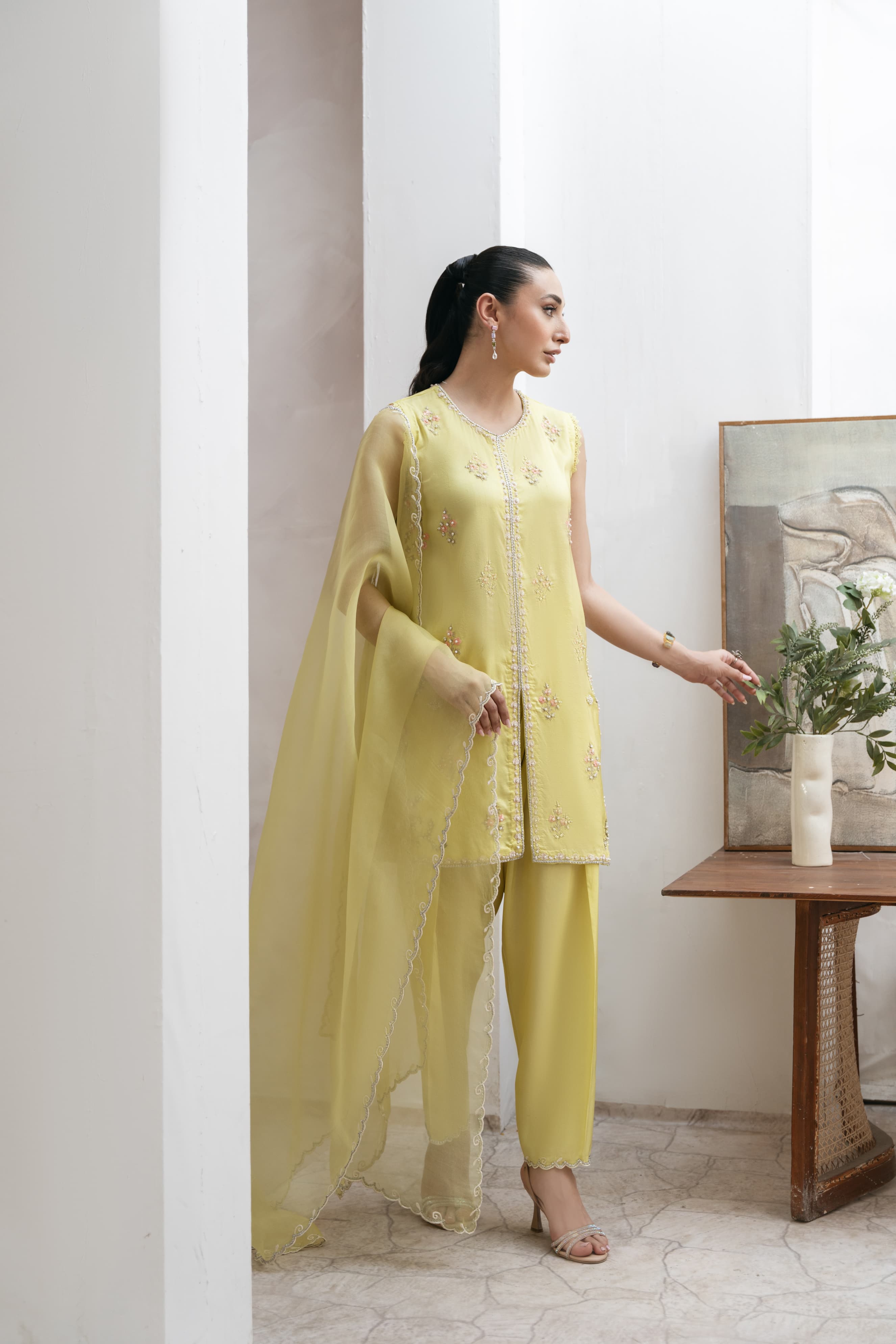 Pakistani Butter Yellow Ada Work Silk Salwar Kameez (3-Piece) - Image 7