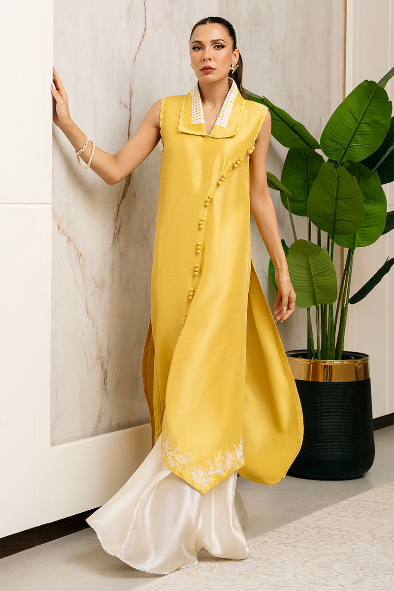 Yellow Embroidered Raw Silk Salwar Kameez (2-Piece) - Image 1