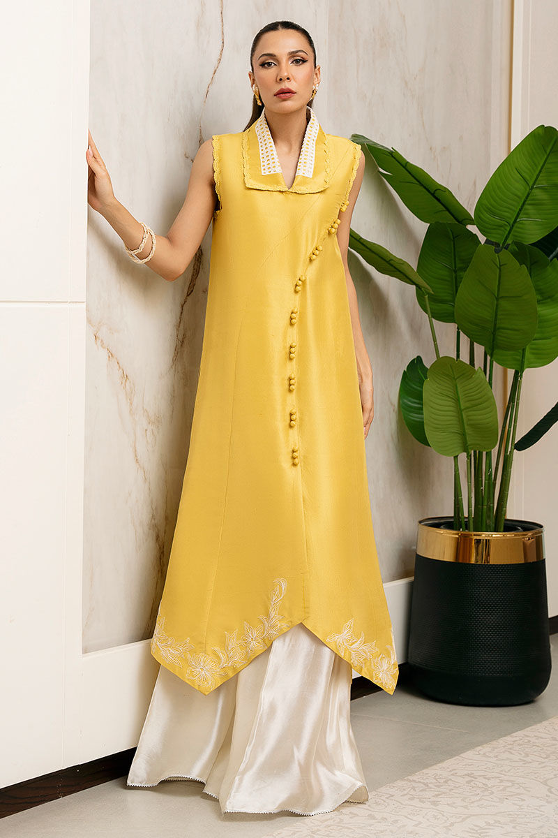 Yellow Embroidered Raw Silk Salwar Kameez (2-Piece) - Image 2