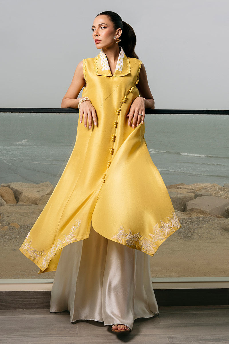 Yellow Embroidered Raw Silk Salwar Kameez (2-Piece) - Image 6