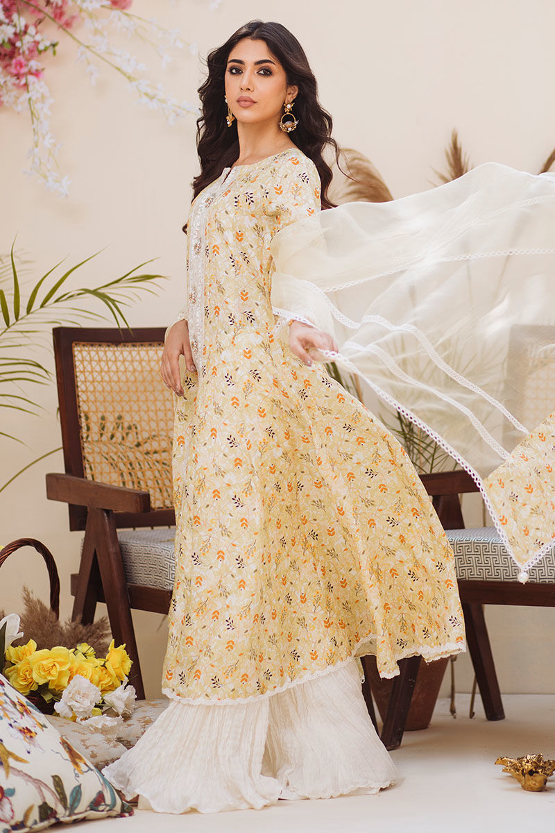 Pakistani Yellow Embroidered Pure Raw Silk Salwar Kameez (3-Piece) - Image 2