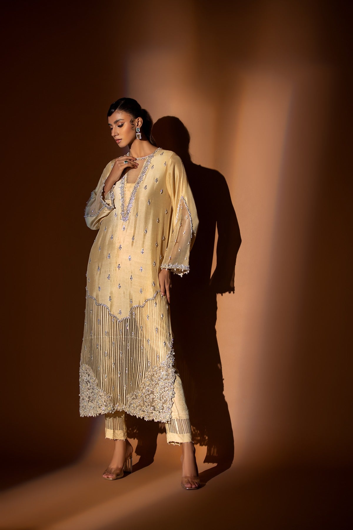 Pakistani Pastel Yellow Embroidered Raw Silk Salwar Kameez (2-Piece) - Image 1