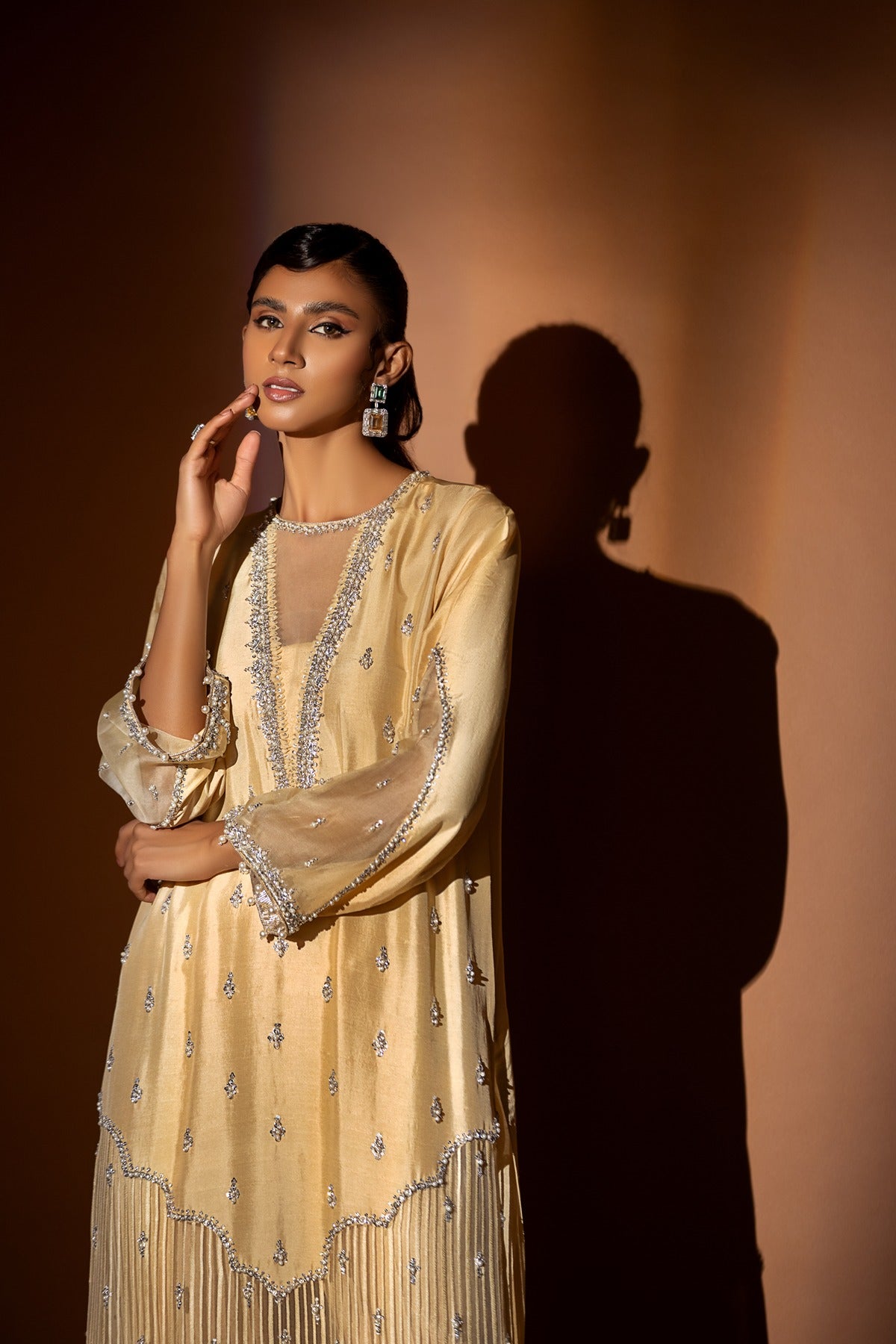 Pakistani Pastel Yellow Embroidered Raw Silk Salwar Kameez (2-Piece) - Image 2