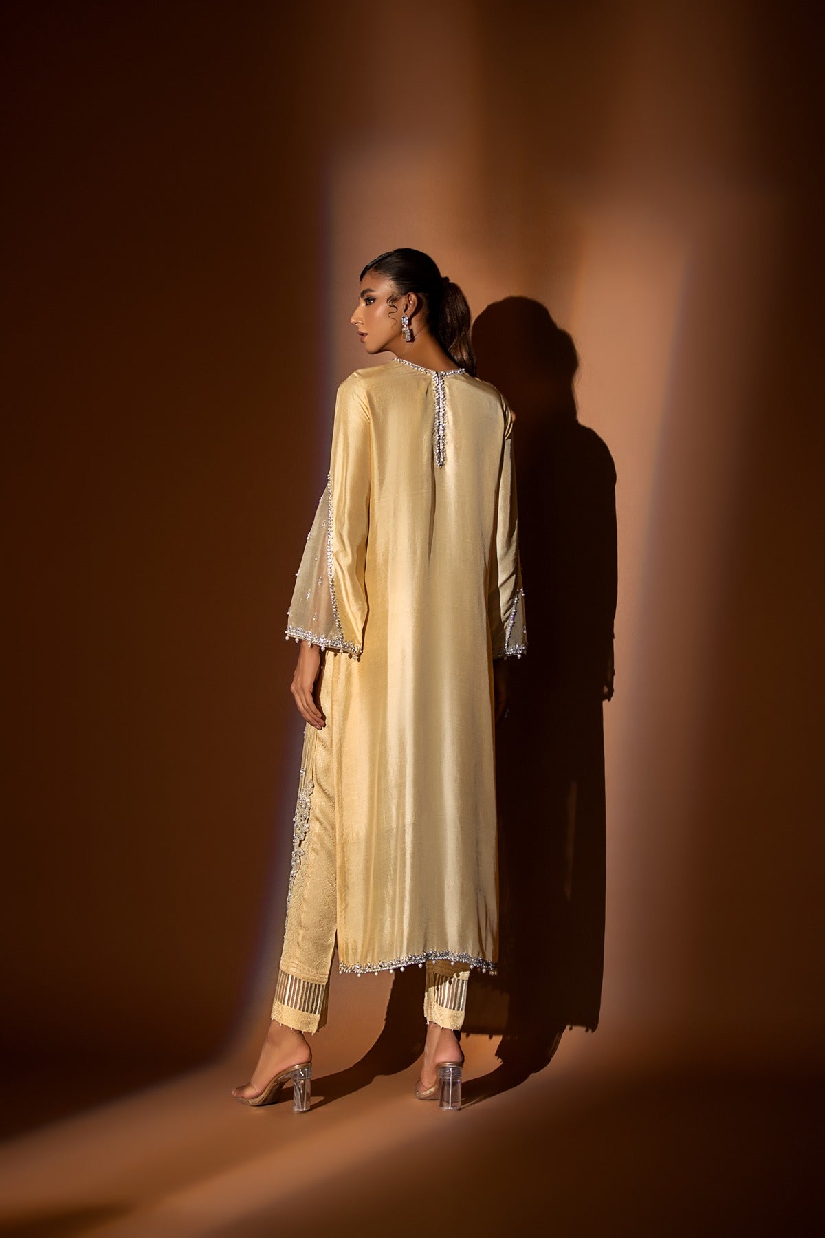 Pakistani Pastel Yellow Embroidered Raw Silk Salwar Kameez (2-Piece) - Image 3