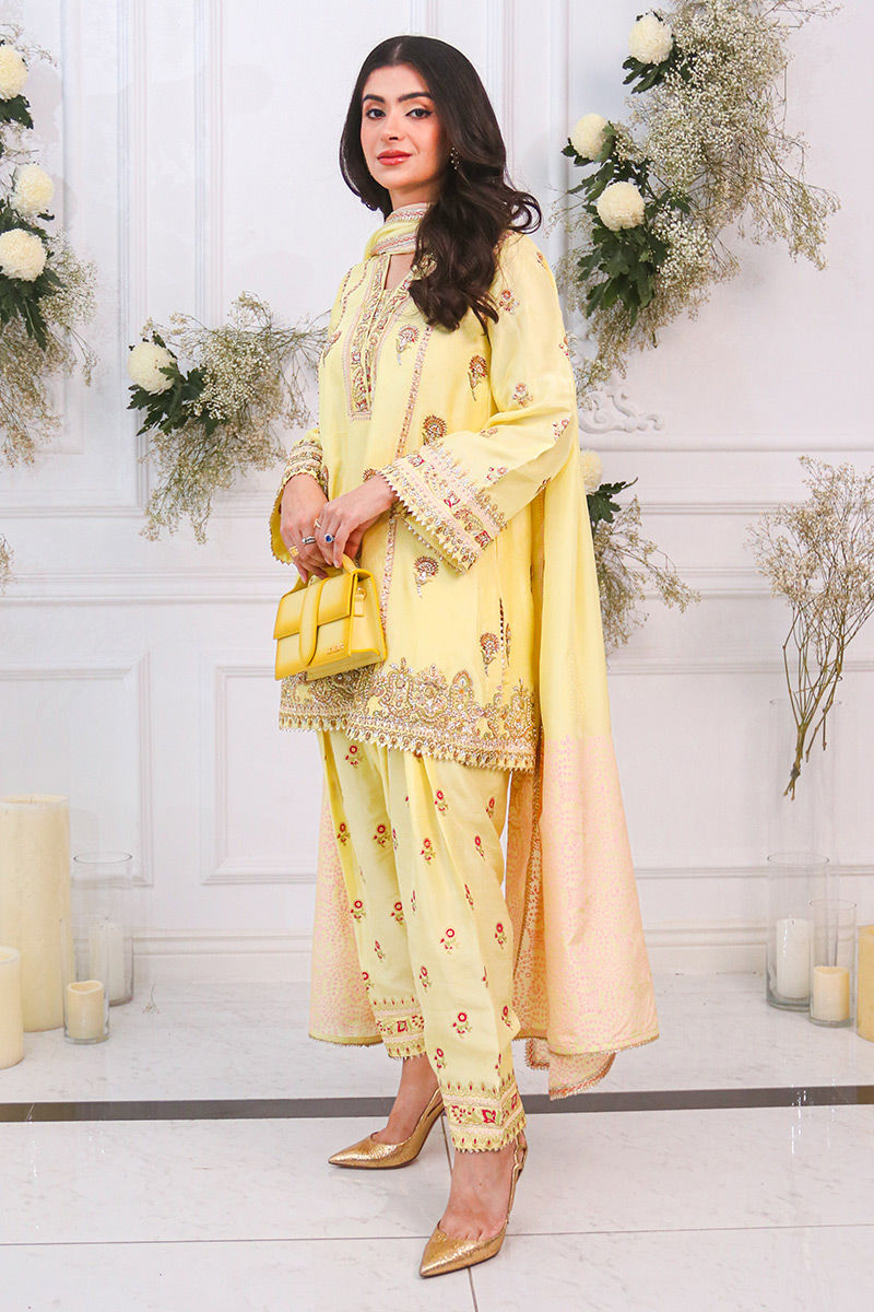 Pakistani Lemon Block Printed Raw Silk Salwar Kameez (3-Piece) - Image 1