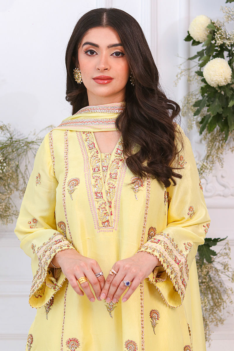Pakistani Lemon Block Printed Raw Silk Salwar Kameez (3-Piece) - Image 2