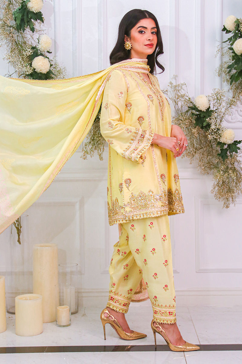 Pakistani Lemon Block Printed Raw Silk Salwar Kameez (3-Piece) - Image 3