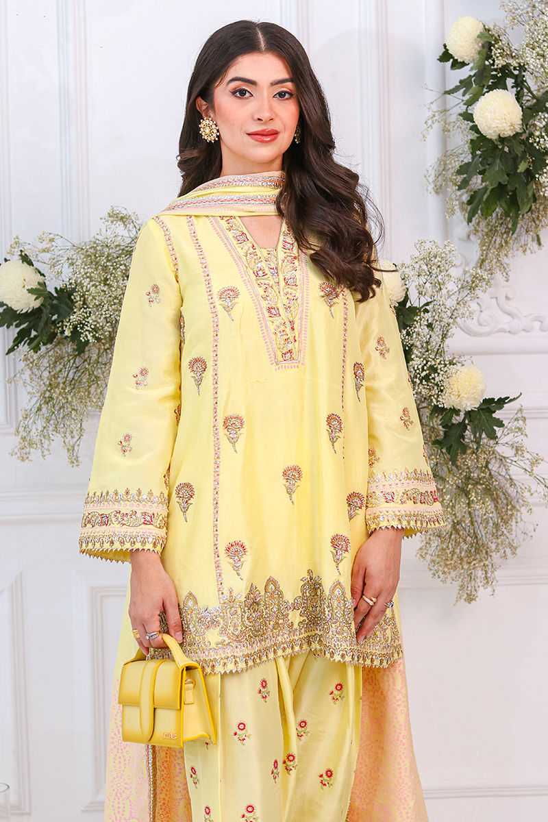 Pakistani Lemon Block Printed Raw Silk Salwar Kameez (3-Piece) - Image 4
