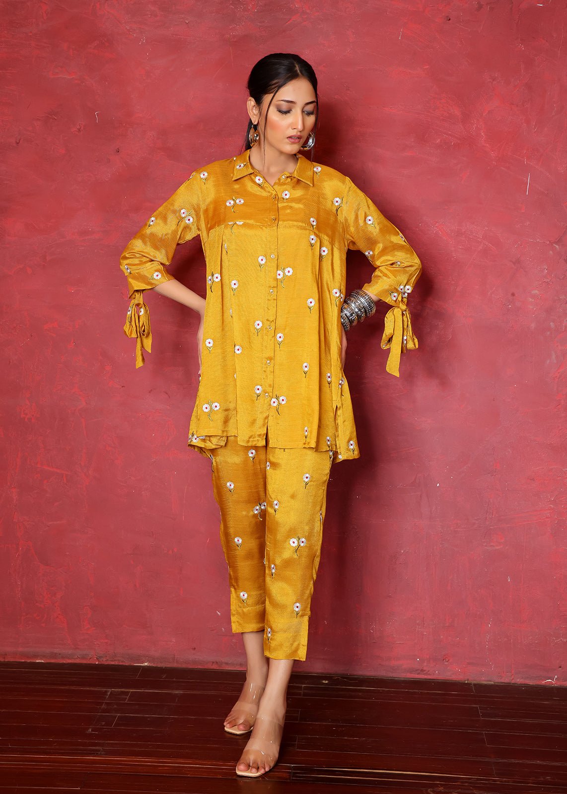 Mustard Yellow Chikan Embroidered Raw Silk Kurta Set (2-Piece) - Image 1