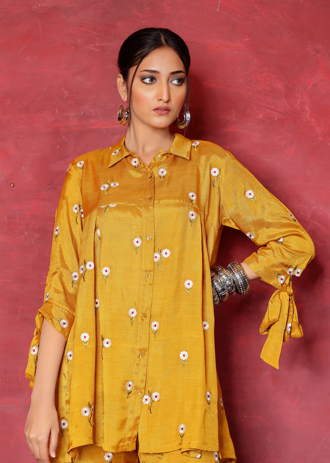 Mustard Yellow Chikan Embroidered Raw Silk Kurta Set (2-Piece) - Image 2