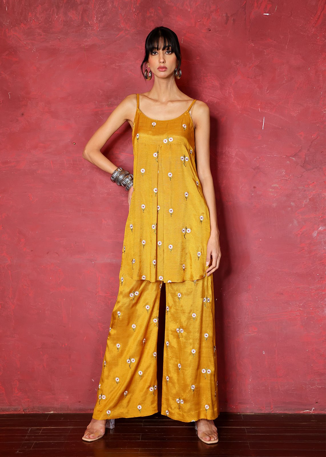 Yellow Chikan Embroidered Raw Silk Kurta (2-Piece) - Image 1