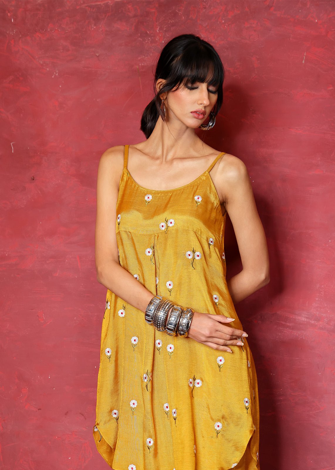 Yellow Chikan Embroidered Raw Silk Kurta (2-Piece) - Image 2