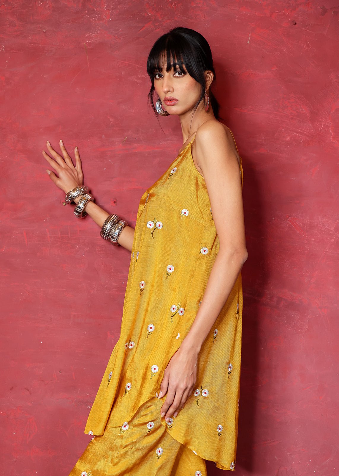 Yellow Chikan Embroidered Raw Silk Kurta (2-Piece) - Image 3