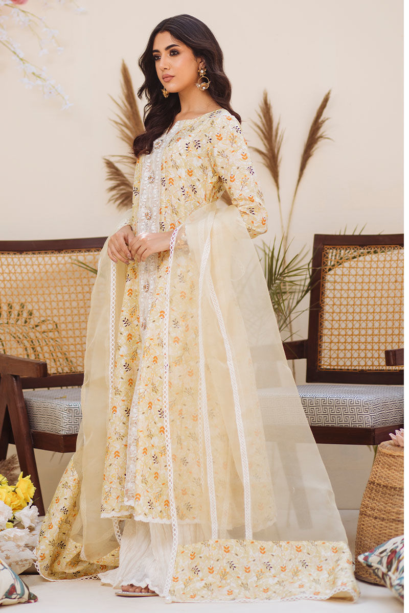 Yellow Embroidered Raw Silk Salwar Kameez (3-Piece) - Image 1