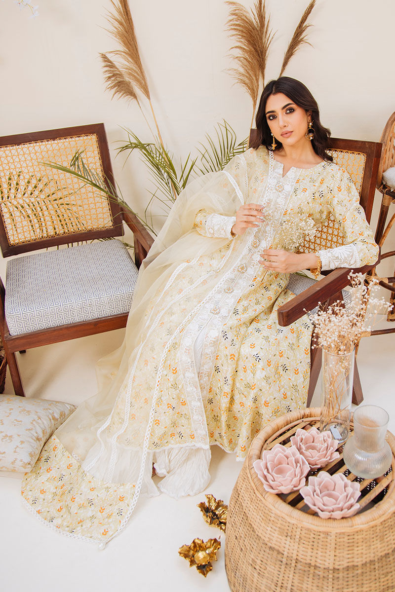 Yellow Embroidered Raw Silk Salwar Kameez (3-Piece) - Image 6