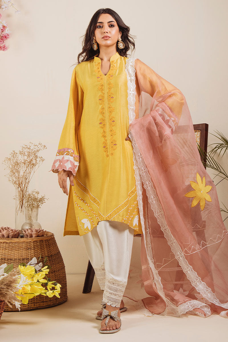 Pakistani Mustard Embroidered Pure Raw Silk Salwar Kameez (3-Piece) - Image 1