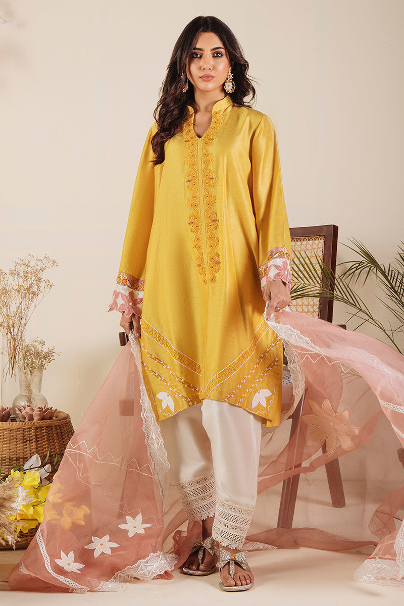 Pakistani Mustard Embroidered Pure Raw Silk Salwar Kameez (3-Piece) - Image 2