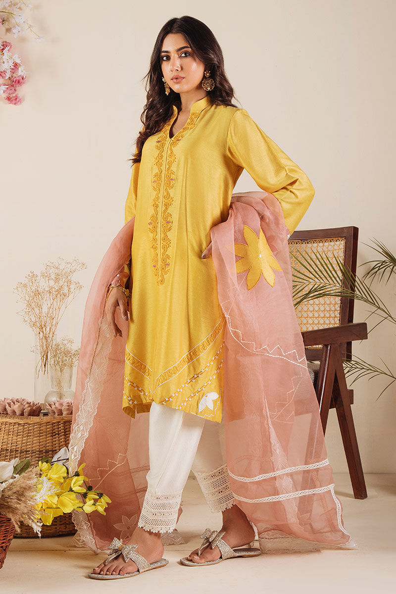 Pakistani Mustard Embroidered Pure Raw Silk Salwar Kameez (3-Piece) - Image 4