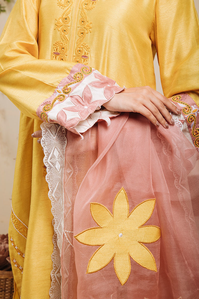 Pakistani Mustard Embroidered Pure Raw Silk Salwar Kameez (3-Piece) - Image 7