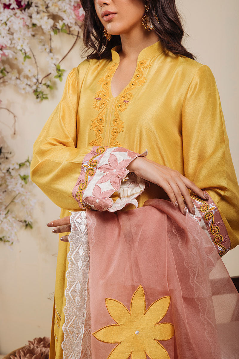 Pakistani Mustard Embroidered Pure Raw Silk Salwar Kameez (3-Piece) - Image 8