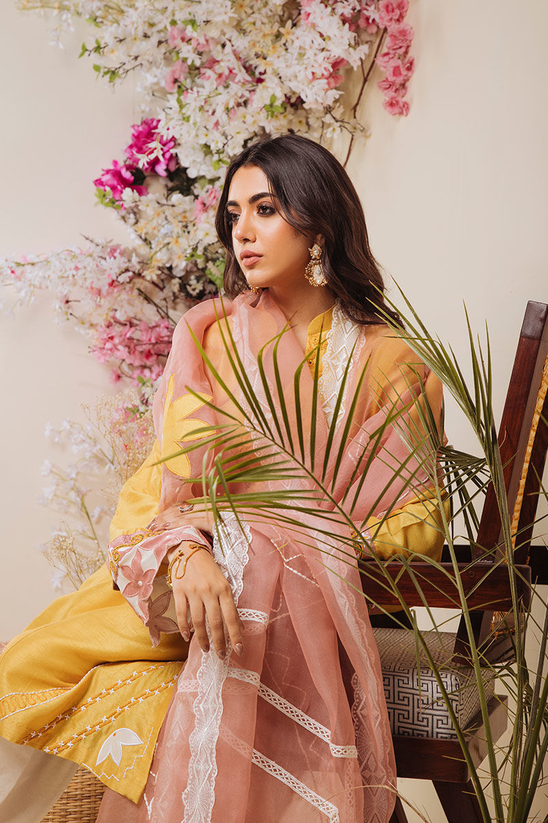 Pakistani Mustard Embroidered Pure Raw Silk Salwar Kameez (3-Piece) - Image 9