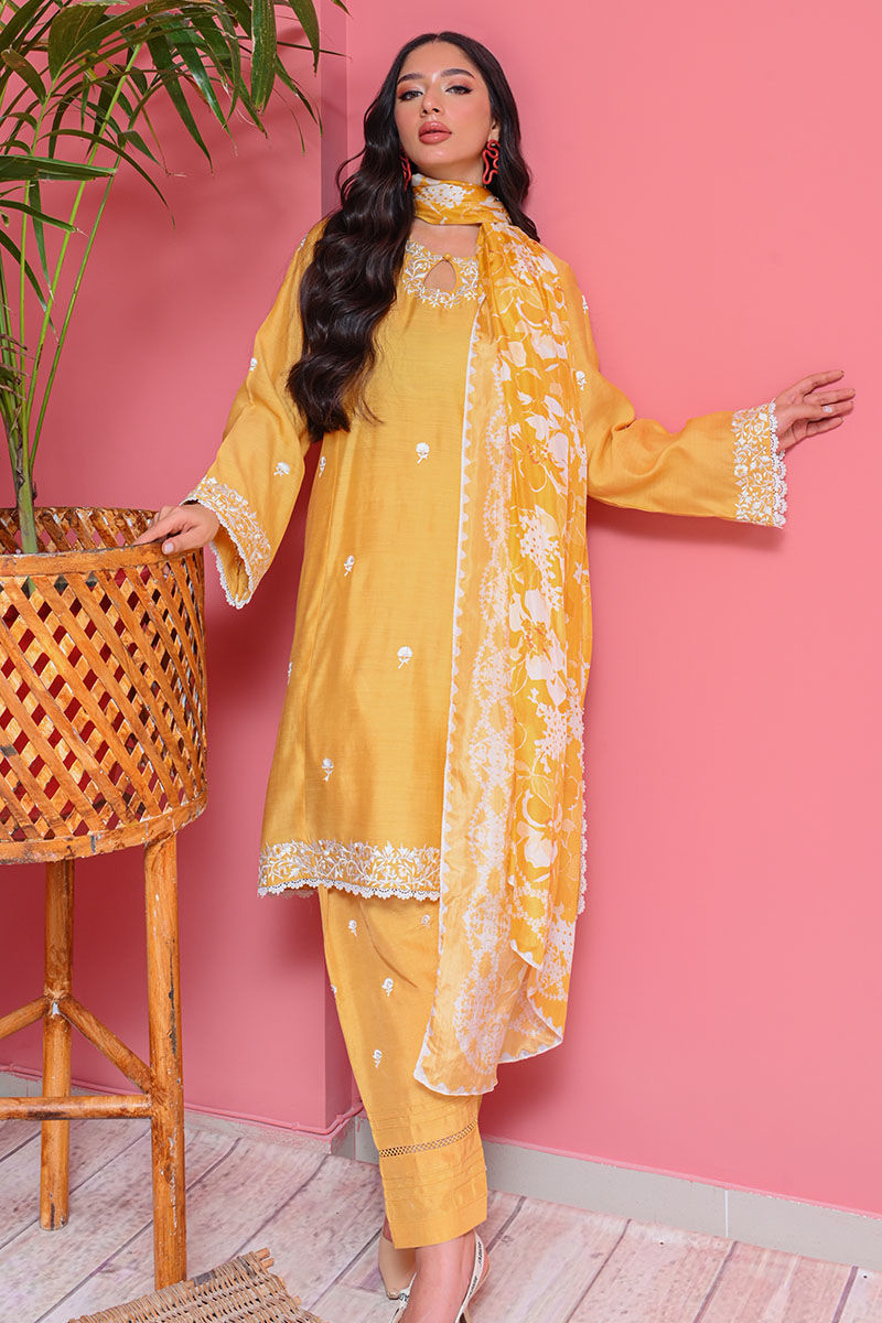Lemon Yellow Embroidered Pure Raw Silk Kurta Set (3-Piece) - Image 1