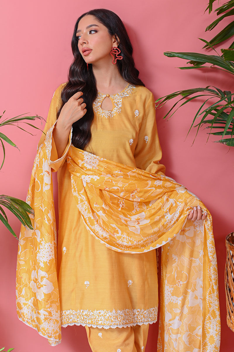 Lemon Yellow Embroidered Pure Raw Silk Kurta Set (3-Piece) - Image 2
