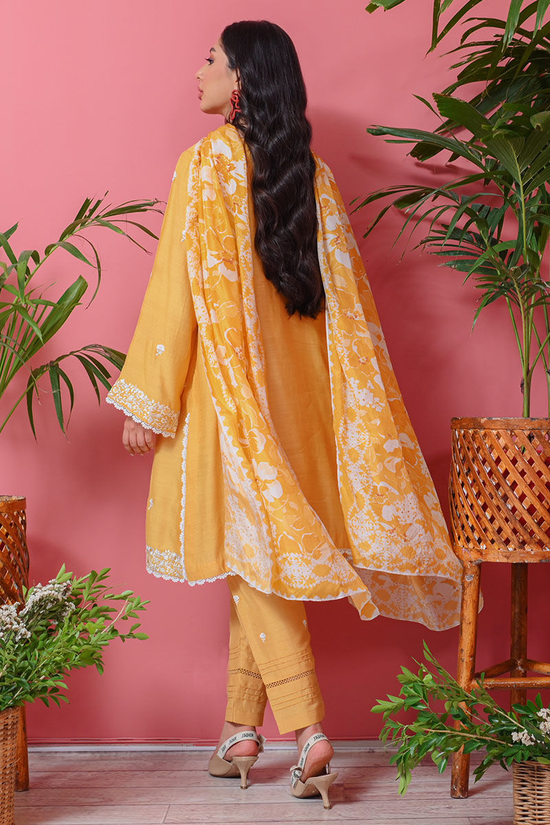 Lemon Yellow Embroidered Pure Raw Silk Kurta Set (3-Piece) - Image 3